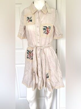 NWT Calypso Embroidered Button-Front Shirt Dress in Blush. Vacation/summer.